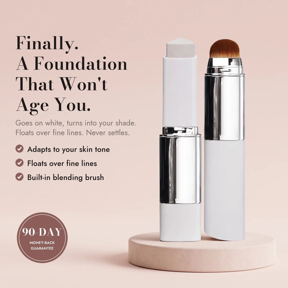 Velaire Age-Reversing Foundation Stick with built-in brush and 90-day money-back guarantee