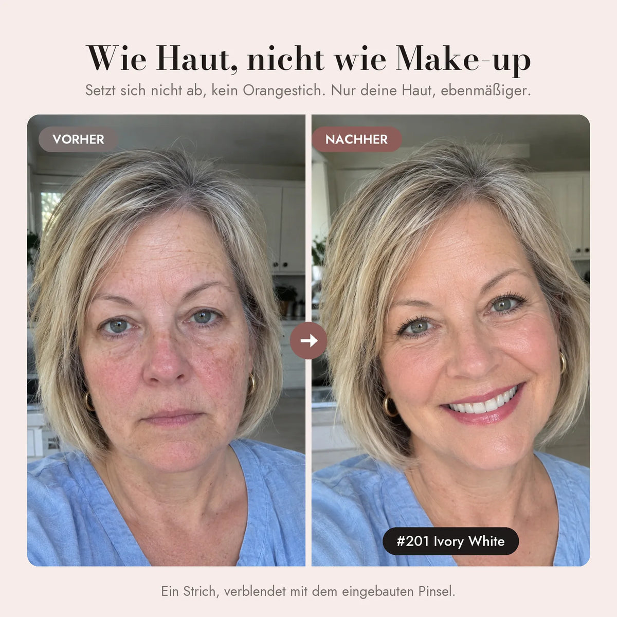 Vorher-Nachher: Frau über 50 mit dem Velaire-Foundation-Stick in 201 Ivory White