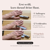 Weiß auftragen, mit dem eingebauten Pinsel verblenden, und er wird zu deinem Hautton