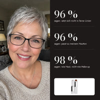 96 % sagen, sie setzt sich nicht in ihre feinen Linien, 98 % sagen, sie sieht aus wie Haut, nicht wie Make-up
