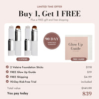 Buy 1, Get 1 Free: 2 Velaire foundation sticks, free Glow Up Guide, free shipping, 90-day guarantee