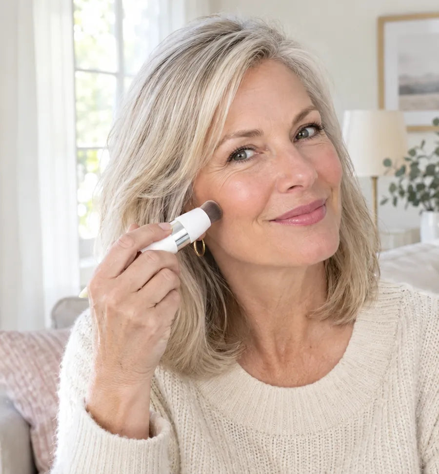 Woman over 50 blending the Velaire foundation stick on her cheek